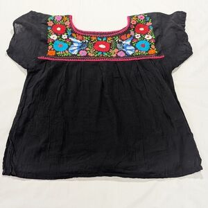 Black Mexican Embroidered Peasant Top Women’s Medium Floral Boho Cotton
